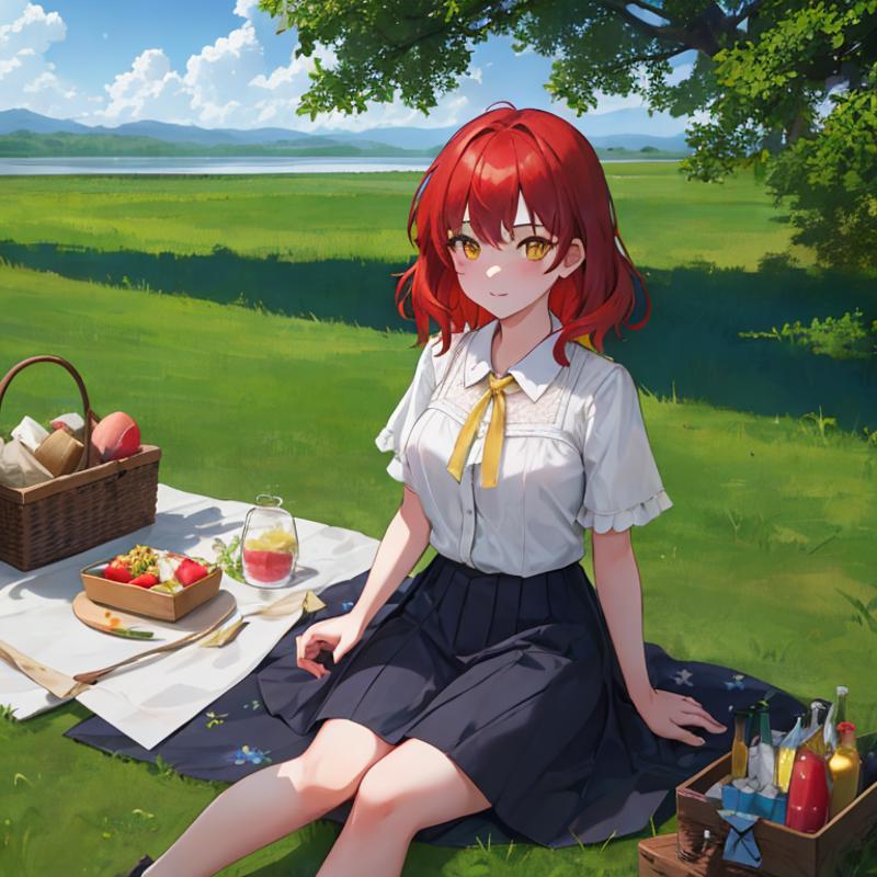 00146-2299588987-1Girl, mature, American, redhead, medium hair, yellow eyes, sitting on a picnic blanket near a lake, elegant summer dress, happy.png